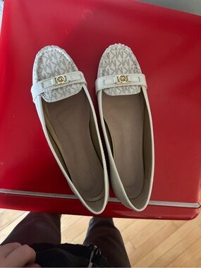 Michael Kors White Logo Driving Moccasins with Gold-tone MK Accent